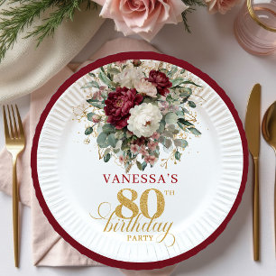 Bohemian Burgundy Floral Gold 80th Birthday Paper  Plate