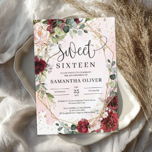 Bohemian burgundy floral gold geometric sweet 16 invitation