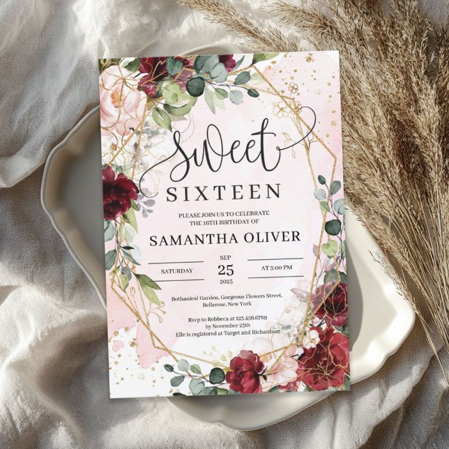 Bohemian burgundy floral gold geometric sweet 16 invitation (Bohemian burgundy floral gold geometric sweet 16 invitation)