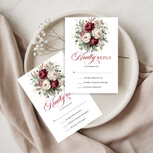 Bohemian Burgundy Floral Gold Wedding RSVP Card