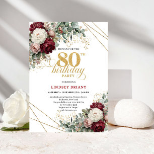 Bohemian Burgundy Gold Floral 80th Birthday Invitation