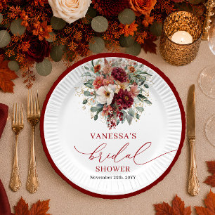 Bohemian Burgundy Gold floral fall bridal shower  Paper Plate