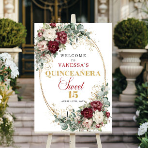 Bohemian Burgundy Greenery Gold Quinceanera Welcom Poster