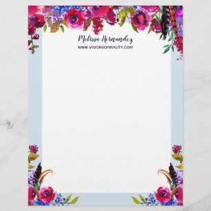 Bohemian Burgundy Light Blue Floral Modern Trendy Custom Letterhead