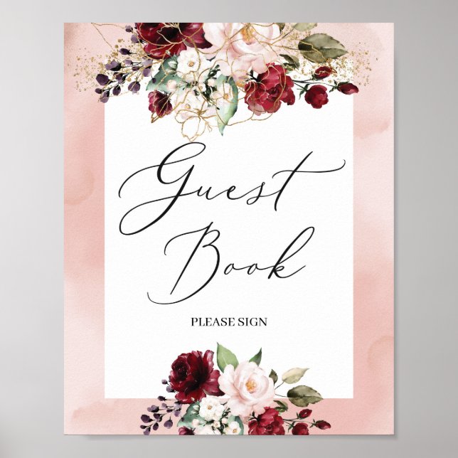 Bohemian burgundy pink gold floral guest book sign (Front)
