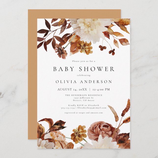 Bohemian Burnt Orange Fall Floral Baby Shower Invitation (Front/Back)