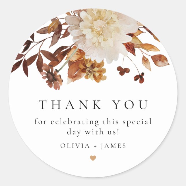 Bohemian burnt Orange Fall Floral Favour Classic Round Sticker (Front)
