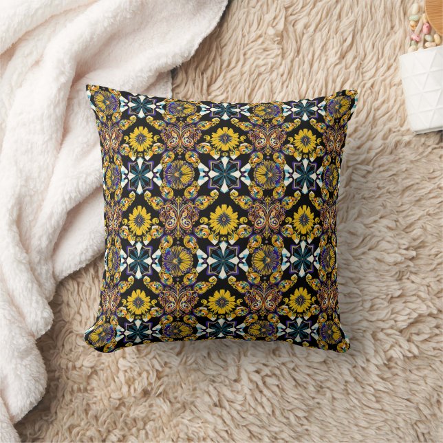 Bohemian butterfly and sunflower pattern on black cushion (Blanket)