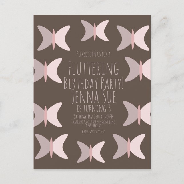 Bohemian Butterfly Pastel Pink Birthday Invitation Postcard (Front)
