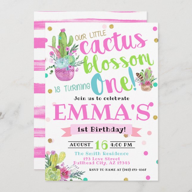 Bohemian Cactus Blossom One 1st Birthday Invitation (Front/Back)