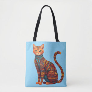 Bohemian Cat Art Colourful Tribal Cat Tote Bag