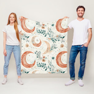 Bohemian Celestial Crescent Moon Botanical Fleece Blanket