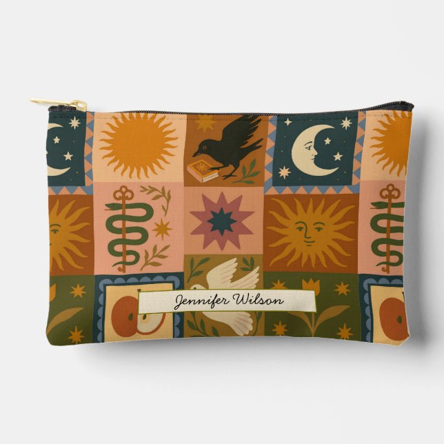 Bohemian Celestial Patchwork with Mystical Symbols Accessory Pouch (Front)