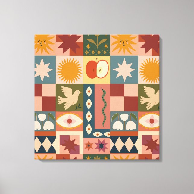 Bohemian Celestial Patchwork with Mystical Symbols Canvas Print (Front)