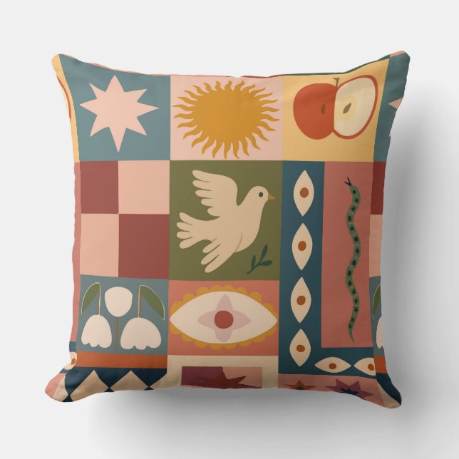 Bohemian Celestial Patchwork with Mystical Symbols Cushion (Front)