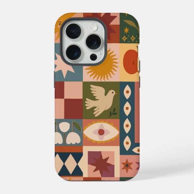 Bohemian Celestial Patchwork with Mystical Symbols iPhone Case (Back)