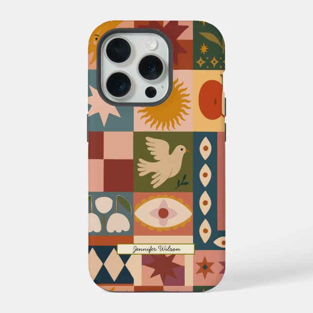 Bohemian Celestial Patchwork with Mystical Symbols iPhone Case (Back)