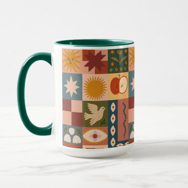 Bohemian Celestial Patchwork with Mystical Symbols Mug (Left)