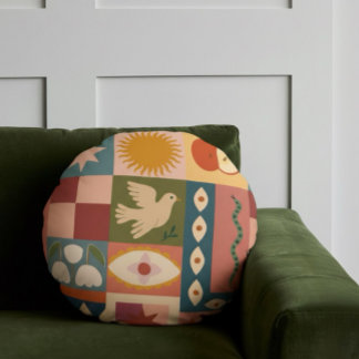 Bohemian Celestial Patchwork with Mystical Symbols Round Cushion