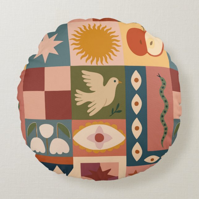 Bohemian Celestial Patchwork with Mystical Symbols Round Cushion (Front)