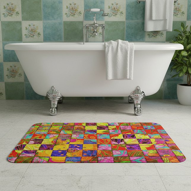 Bohemian chequered floral bath mat (Creator Uploaded)