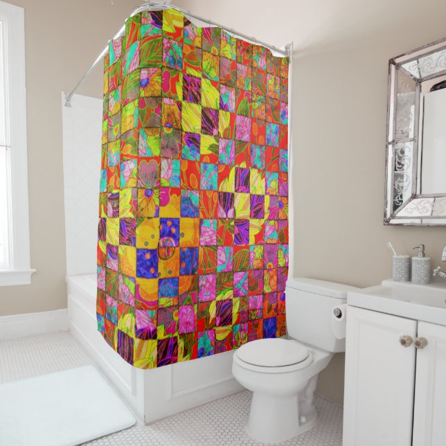 Bohemian chequered floral shower curtain (In Situ)
