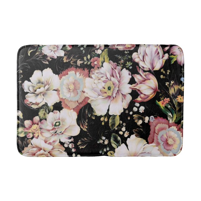 bohemian chic blush pink flowers dark floral bath mat (Front)