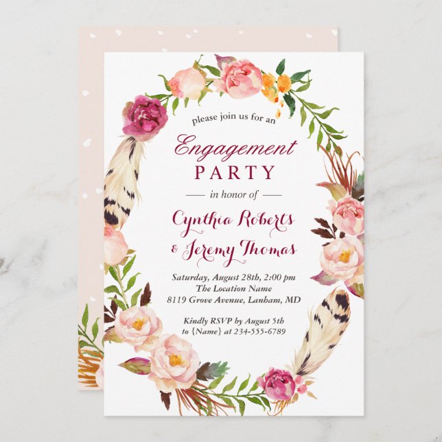 Bohemian Chic Boho Floral Wreath Engagement Party Invitation (Front/Back)