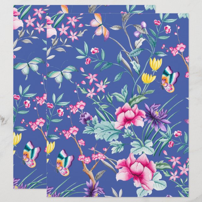 Bohemian Chic Floral Pattern Blue Scrapbook Paper (Front/Back)