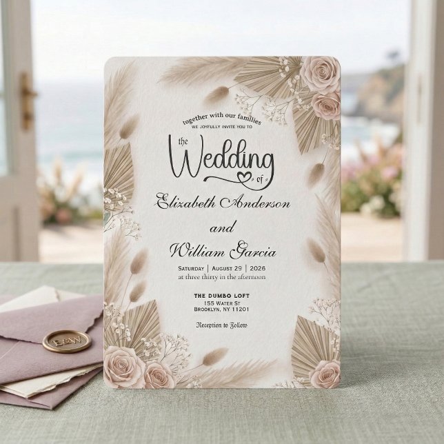 Bohemian Chic Rose Pampas Grass Wedding Invitation (Creator Uploaded)