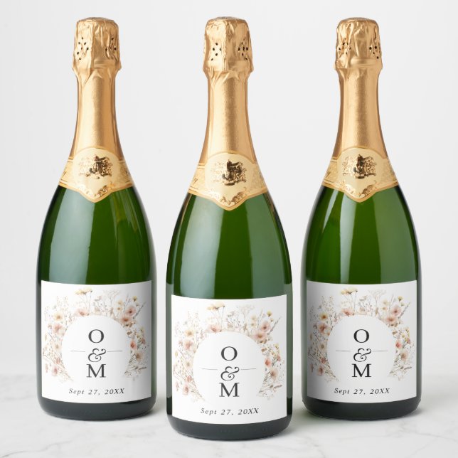 Bohemian Chic Wildflower Monogram Wedding Sparkling Wine Label (Bottles)