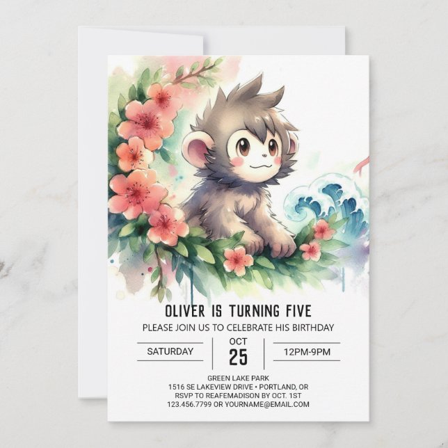 Bohemian Children Monkey Birthday Invitation (Front)