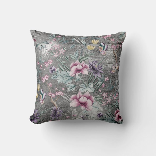 Bohemian Chinoiserie Teal Butterfly Grey Grungy Cushion (Front)