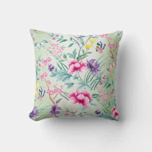Bohemian Chinoiserie Tropical Mint Green Flowers Cushion