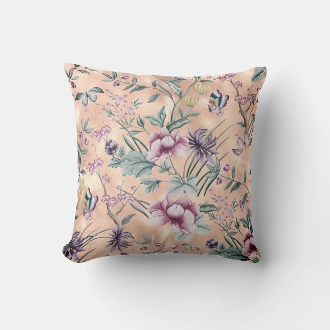 Bohemian Chinoiserie Tropical Teal Butterfly Peach Cushion (Front)