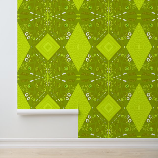 Bohemian Chintz Illustration Green Olive Avocado Wallpaper (Application)
