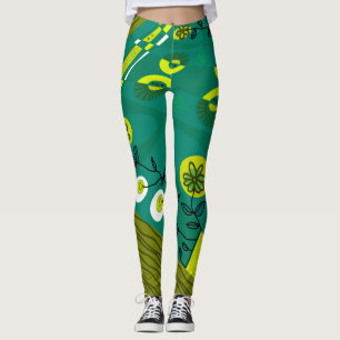 Bohemian Chintz Illustration Green Olive Black Leggings