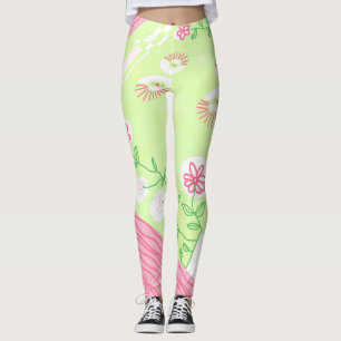 Bohemian Chintz Illustration Green Pink Leggings