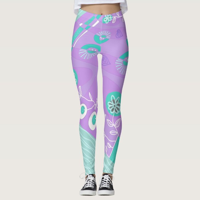 Bohemian Chintz Illustration Lilac Spearmint White Leggings (Front)