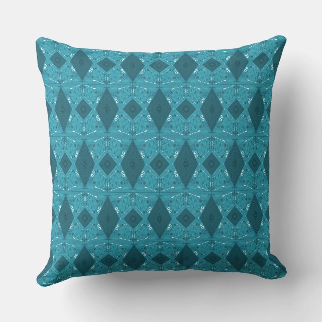 Bohemian Chintz Illustration Micro Teal Blue Cushion (Back)