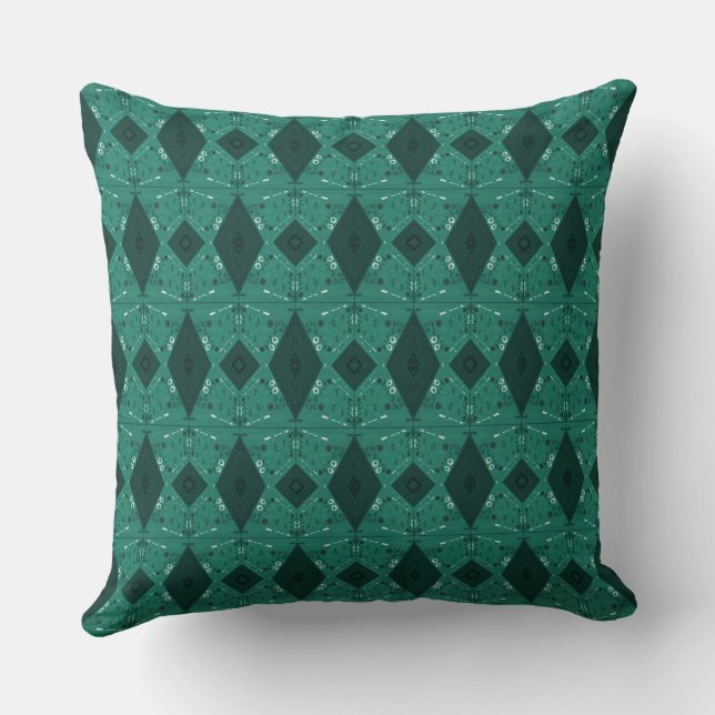 Bohemian Chintz Illustration Micro Teal Green Cushion (Back)