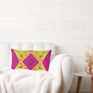 Bohemian Chintz Illustration Mustard Fuchsia Kale Lumbar Cushion