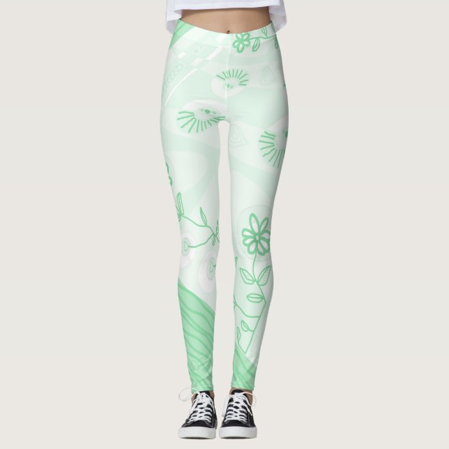 Bohemian Chintz Illustration Pastel Green Leggings (Front)