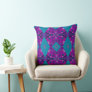 Bohemian Chintz Illustration Purple Blue Salmon Cushion