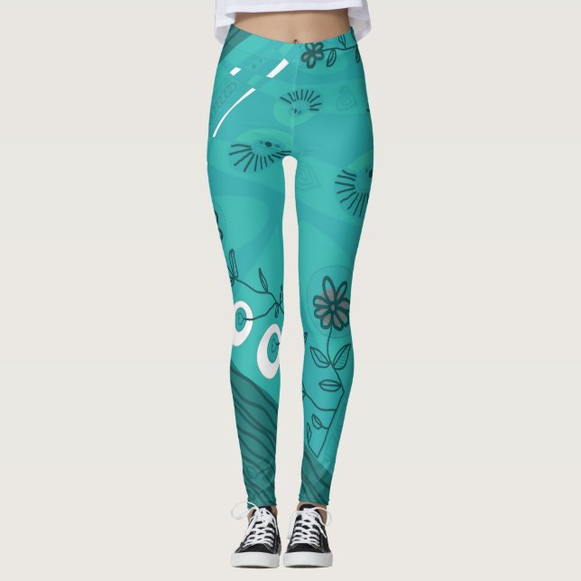 Bohemian Chintz Illustration Teal 2 Leggings (Front)
