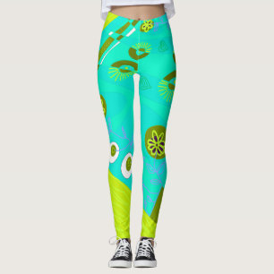 Bohemian Chintz Illustration Turquoise Olive White Leggings
