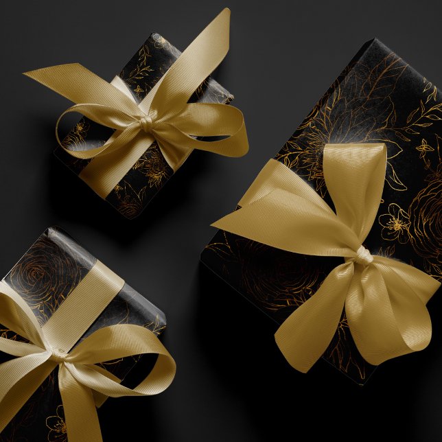 Bohemian Christmas Golden Floral Dark Moody Wrapping Paper Sheet (Golden Floral Dark Moody Wrapping Paper Sheets)