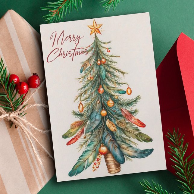 Bohemian Christmas Tree with Feathers & Ornaments Holiday Card (Creator Uploaded)