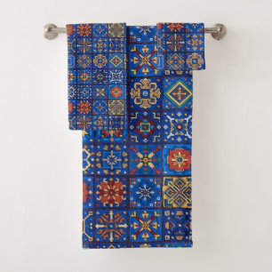 Bohemian Cobalt Blue Folk Art Geometric Motifs Bath Towel Set