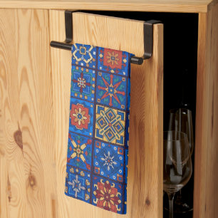 Bohemian Cobalt Blue Folk Art Geometric Motifs Tea Towel